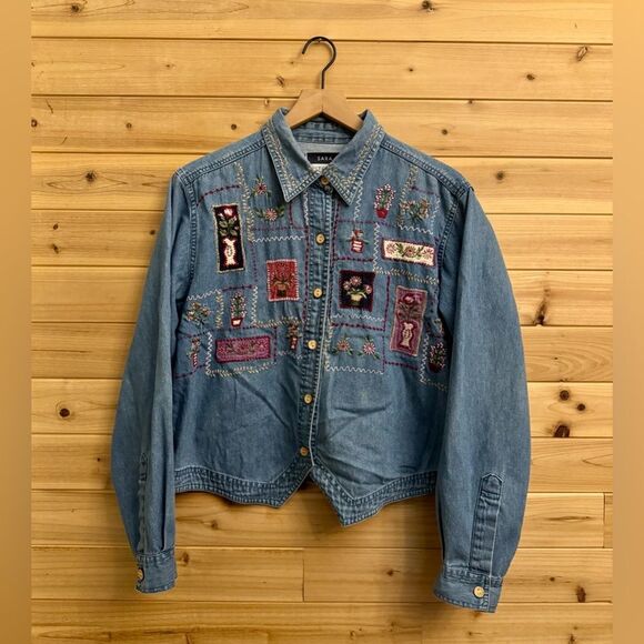 Vintage Sara Studio Size Large Plant Embroidery Collared Cropped Denim Shirt - Picture 1 of 11